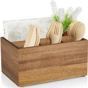 DRASTAR Utensil Caddy, Silverware Caddy for Party, Acacia Wood Silverware Holder, Silverware Organizer Countertop, Cutlery Storage Containers for Kitchen Table