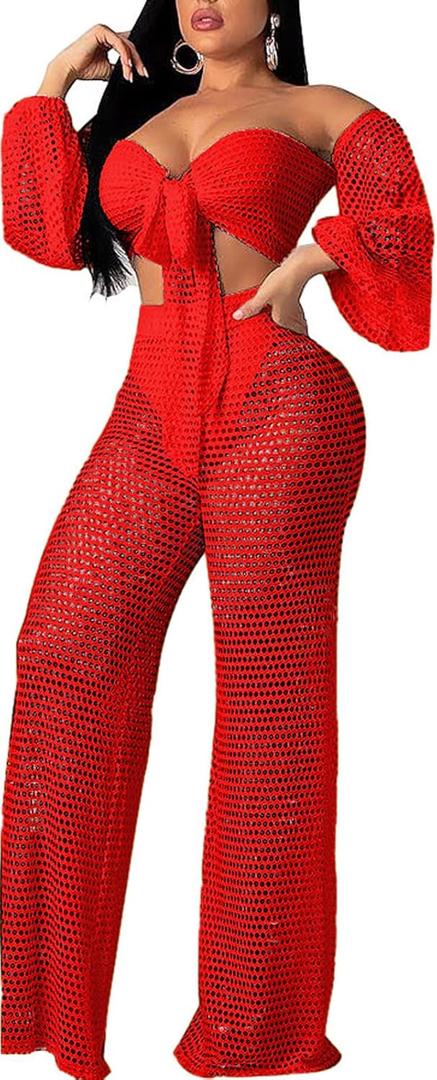Sexy Cover Ups for Swimwear Vacation Off The Shoulder Top Long Pants Bikini Cover Ups Swimwear Beach (Red) XL Sexy Cover Ups for Swimwear Vacation Off The Shoulder Top Long Pants Bikini Cover Ups Swimwear Beach (Red) XL
