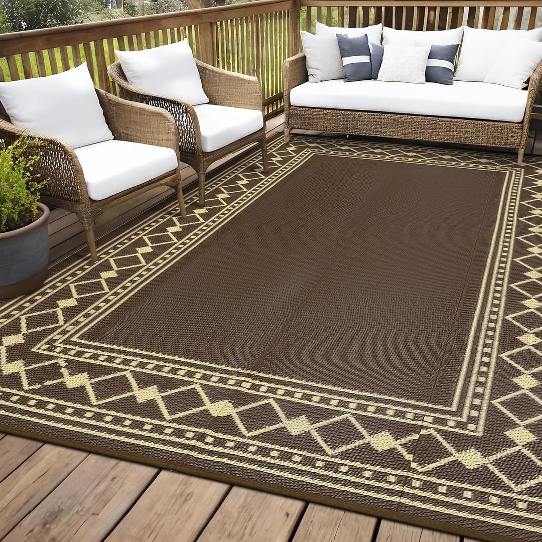 Outdoor Rug 10x20 Waterproof for Patio Decor Foldable Reversible Plastic Straw Carpet Modern Border Camping Mat Outside Area Mat for Patio, RV, Deck, Balcony, Backyard, Picnic, Beach, Clover,Brown