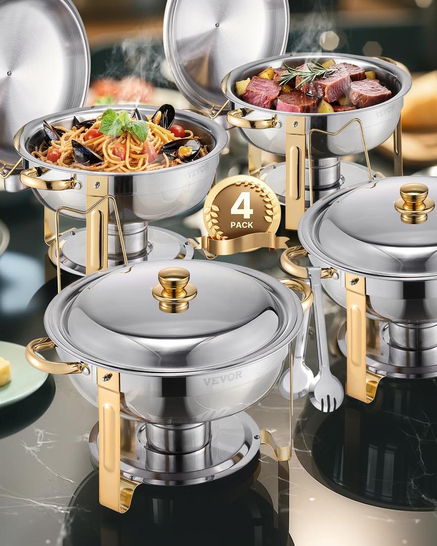 VEVOR Chafing Dish Buffet Set, 5 Qt 4 Pack,Stainless Steel Chafer with 4 Full Size Pans, Round Catering Warmer Server with Lid Water Pan Folding Stand Clip, for Weddings Parties, Gold