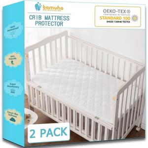 Bamuho 2 Pack Waterproof Quilted Mattress Pad Cover for Toddler Bed and Baby Crib, Skin Friendly, Noiseless, Machine Washable, 52 x 28 x 8 inch, White (2 Pack White)