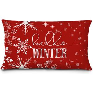 Red Winter Christmas Pillow Covers 12x20, Red Christmas Room Decor, Xmas Hello Winter Snowflake Holiday Lumbar Throw Pillow Covers for Home Bedroom Living Room