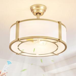 Boho Gold Caged Ceiling Fan with Light and Remote, White Fabric Low Profile Semi Flush Mount Fandelier Ceiling Fans with Lights, Modern Chandelier Fan 6-Speed for Bedroom, Nursery, Living Dining Room
