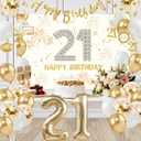 2 x 21st Birthday Decorations for Her Women, Champagne Gold 21 Bday Party Decor | 21st Birthday Banner Backdrop, Large Number 21 Balloon, Hanging Swirls, 21 Bday Party Balloons for Women