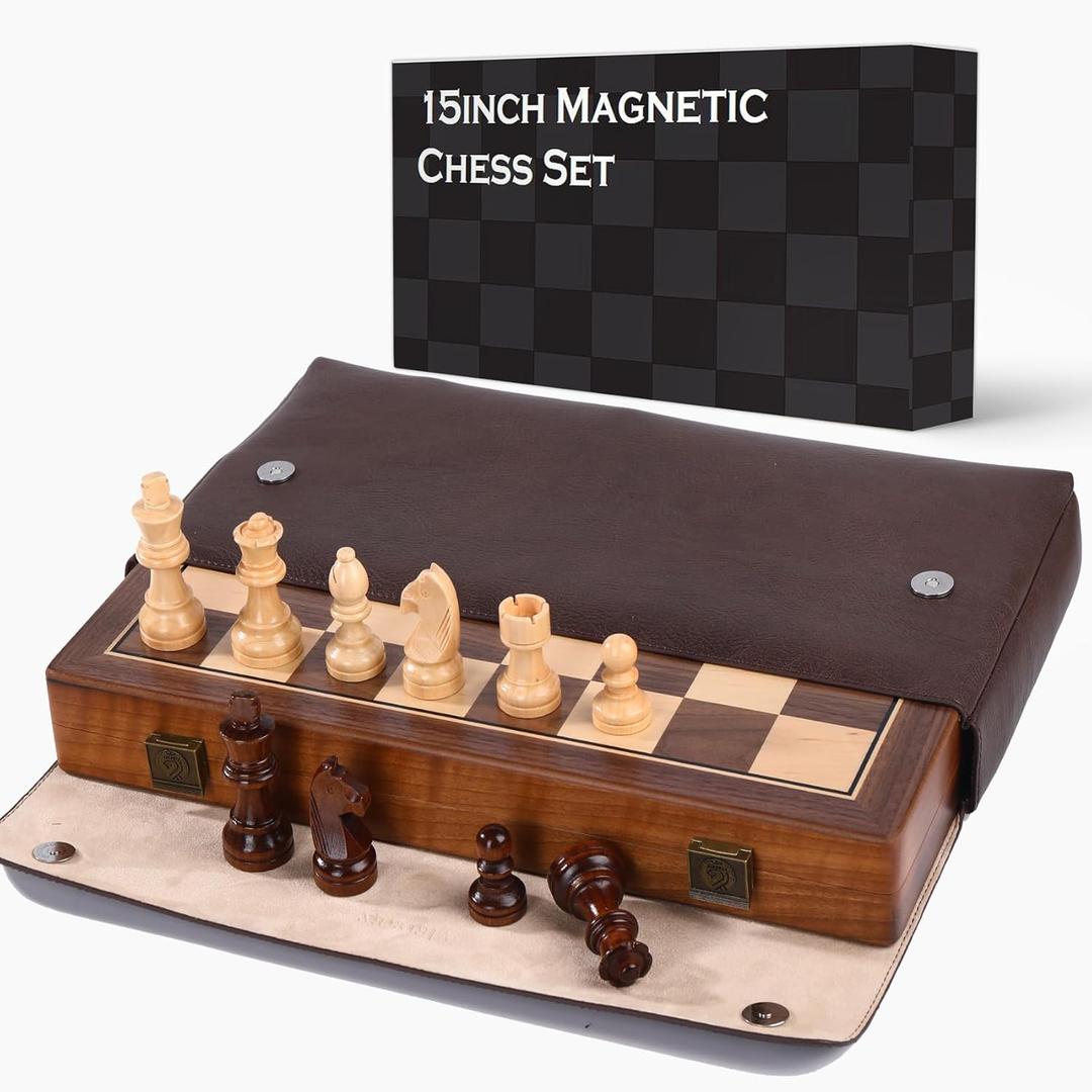 15 Inch Walnut Magnetic Chess Board Set for Adults Kids Wooden Chess, Folding Portable Travel Chess Game for Tournament Professional Beginner