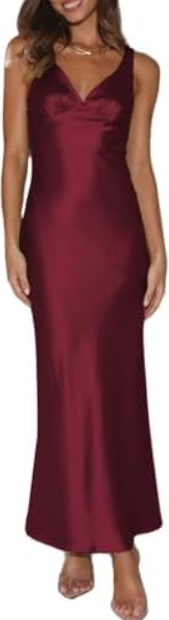 Womens Elegant Satin V Neck Backless Sleeveless Maxi Dress Silk Tie Low Back Formal Cocktail Dresses Wedding Guest (Burgundy), XL