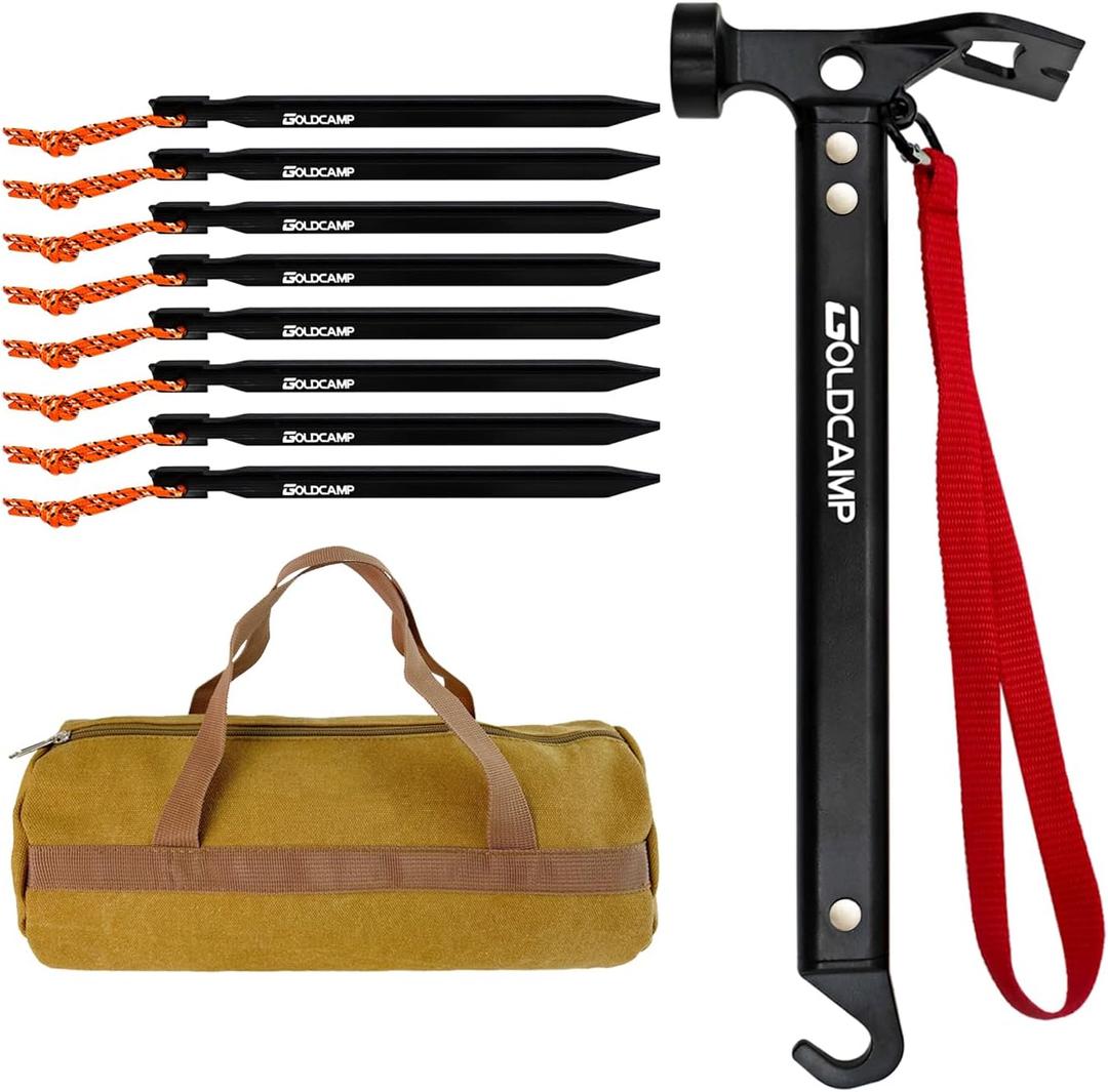 8 Pack Tent Stakes and Hammer with Canvas Storage Bag, Heavy Duty Camping Stakes for Outdoor Tent & tarp-Essential Accessories, Carbon Steel Aluminum Camping Hammer for Hiking Kit