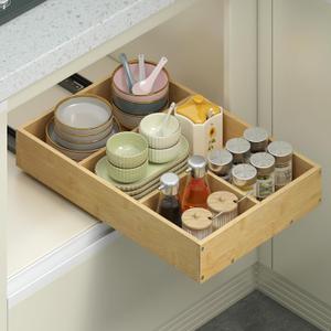Bamboo Pull Out Cabinet Organizer, 14" W x 21" D No Drill Adhesive Slide Out Drawers, Pull Out Shelves for Kitchen Pantry Bathroom Storage