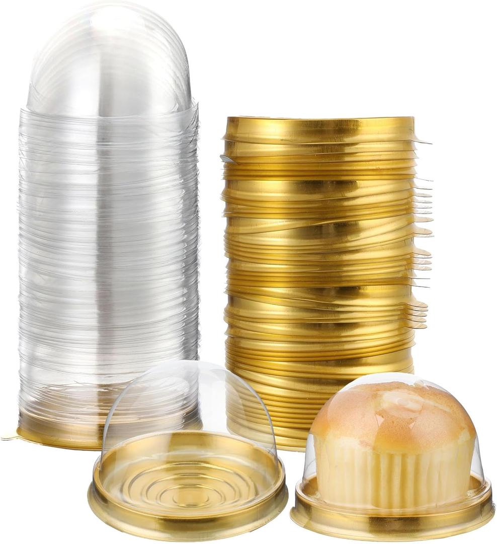Patelai 50 Pcs Clear Plastic Mini Cupcake Container, Mini Cupcake Box Muffin Dome Muffin Single Container Box for Wedding Birthday Cheese Pastry Dessert Cake (Gold)