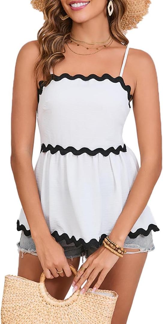Women's Summer Tank Tops Cute Peplum Crewneck/Spaghetti Straps Cami Vacation Shirt (White, XL)
