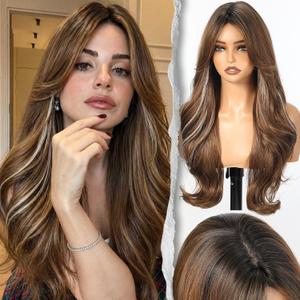 Cocoa Brown with Gold Highlights Wig With Bangs Long Wavy PuffPro Voluminous High Crown Wigs for Women,4x4'' Parting Realistic Scalp,Mob Wife Aesthetic/Clean Girl/Office Siren/Old Money