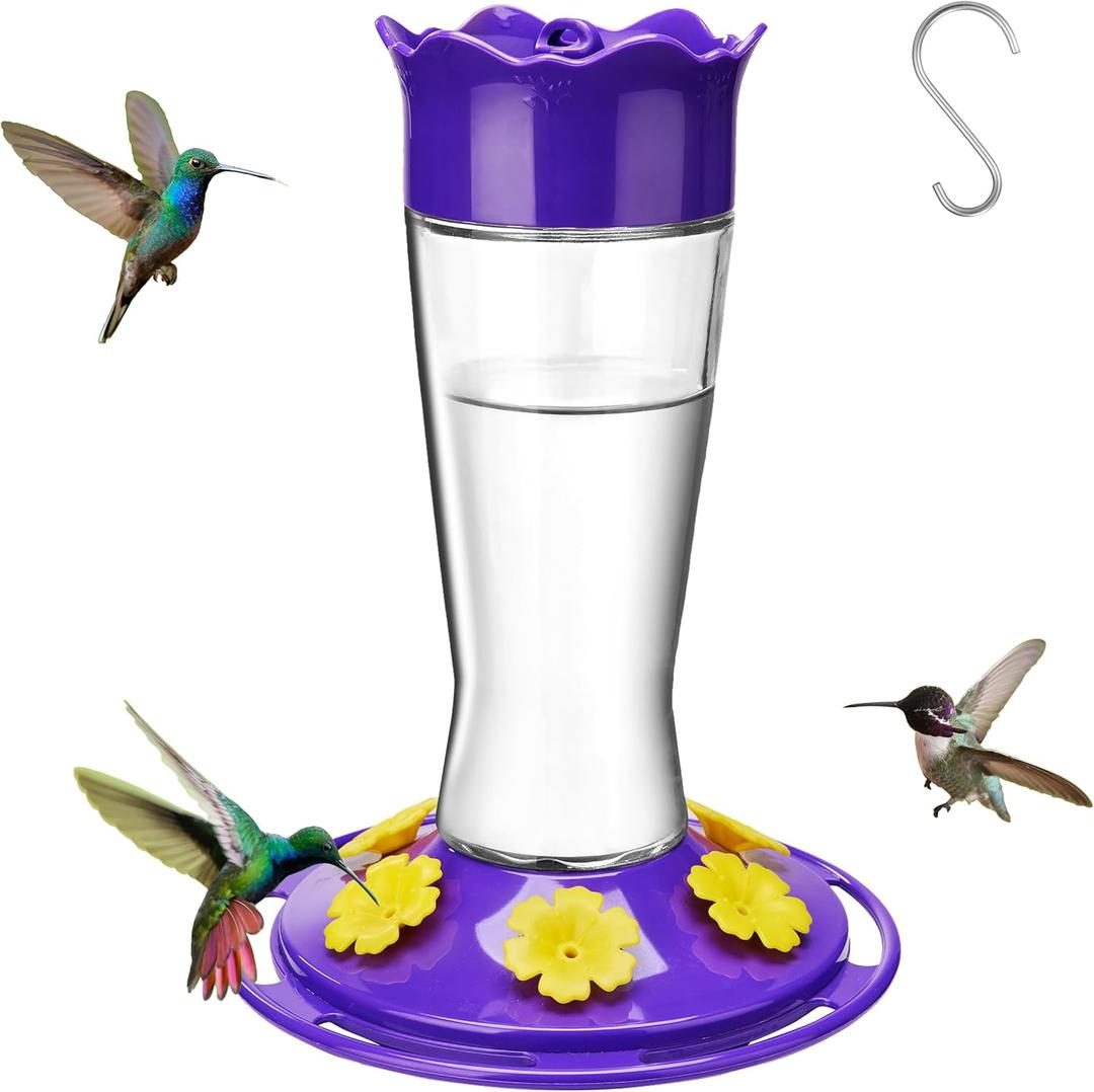 Kingsyard Glass Hummingbird Feeder for Outdoors Hanging, 14 oz Leak-Proof Humming Bird Feeders with Ant Moat & Bee Proof Feeding Ports, Hummingbird Gift for Bird Lovers (Updated Purple)