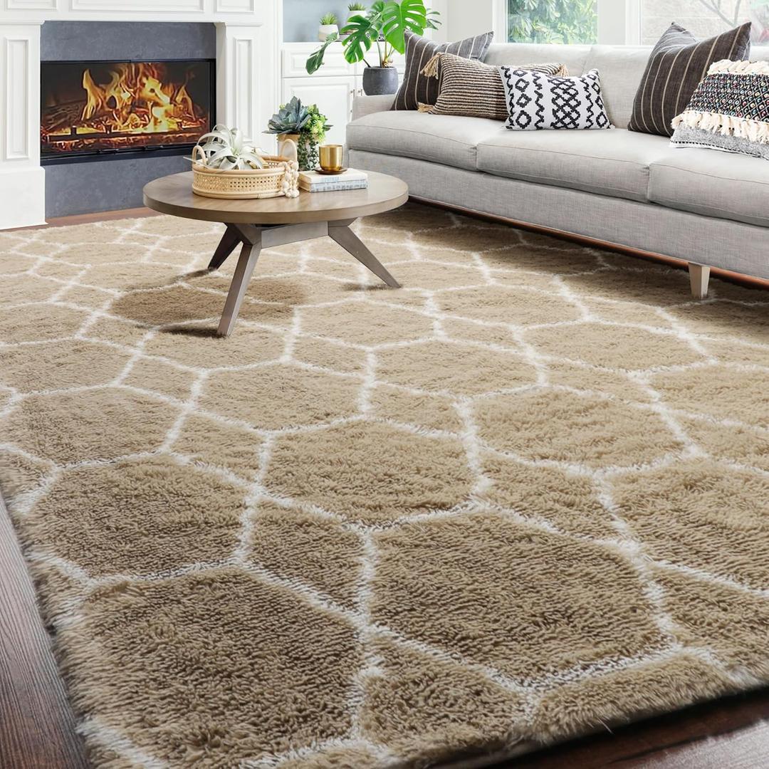 ONASAR Living Room Area Rug 6x9, Large Beige and White Geometric Floor Rugs for Bedroom Home Decor Aesthetic, Soft Fuzzy Shaggy Plush Fluffy Moroccan Carpet for Teen Nursery Dorm Classroom Office ONASAR Living Room Area Rug 6x9, Large Beige and White Geometric Floor Rugs for Bedroom Home Decor Aesthetic, Soft Fuzzy Shaggy Plush Fluffy Moroccan Carpet for Teen Nursery Dorm Classroom Office