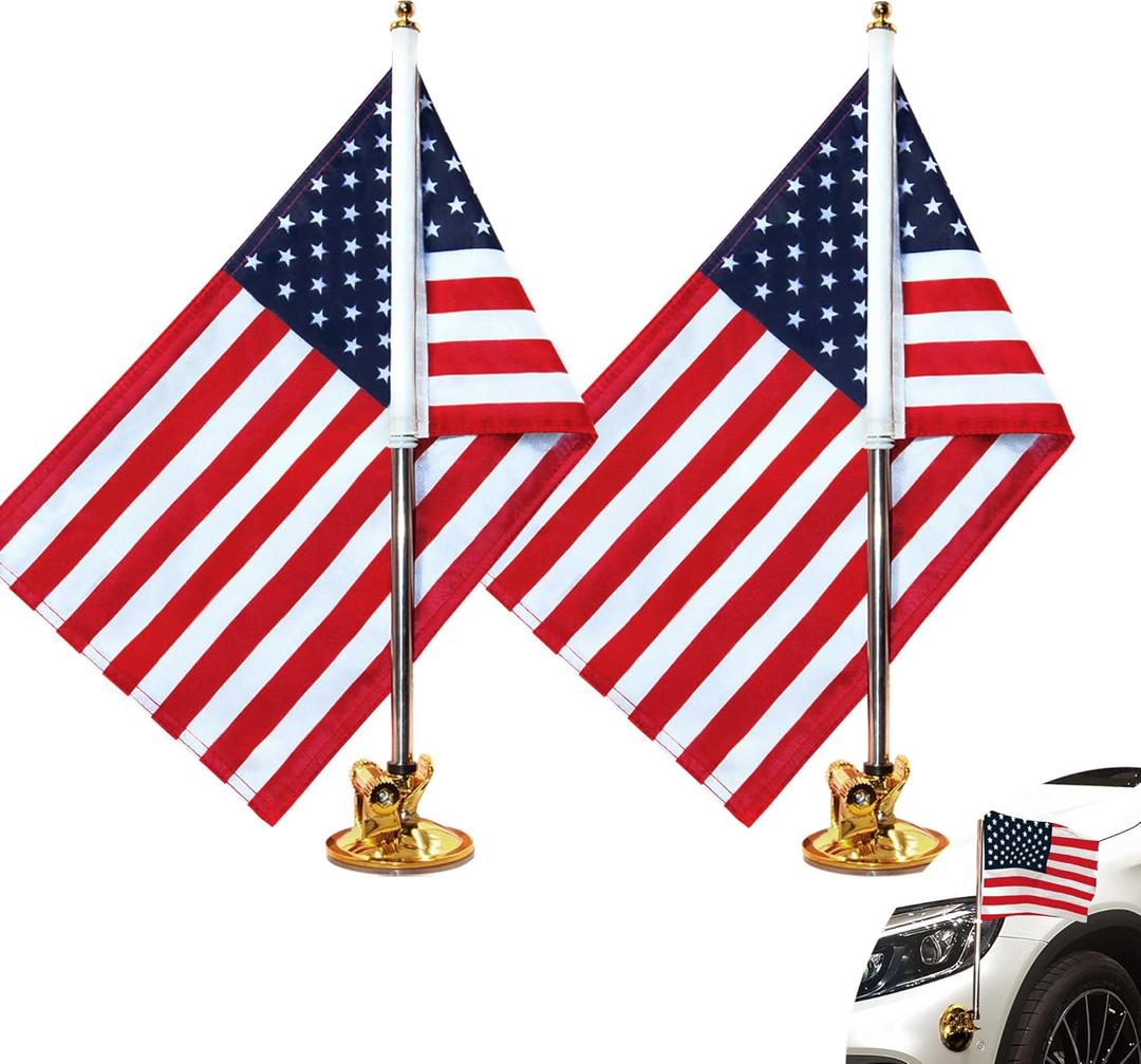 Anley US National Car Flag & Flagpole with Air Suction Mount - Outdoor Suction Cup Style Flag Pole for Car, Truck, Boat and Vehicle with American Flag (Set of 2)