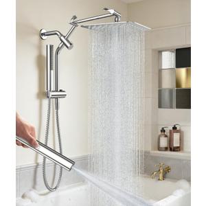 Veken All Metal 10" Shower Head with Handheld, Luxurious Square Double Rain Shower Heads,Power Wash Wand,Dual High Pressure Detachable Rainfall Showerhead with Spray Combo,Extension Arm,Chrome,Sliver