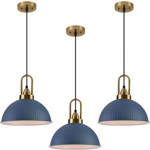 Blue Pendant Lights Kitchen Island Industrial Adjustable Height Vintage Dome Hanging Light Fixtures for Barn, Dining Room 3 Packs
