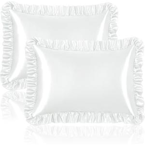 Homiest Ruffle Satin Pillowcase for Hair and Skin, Standard Size Satin Pillow Covers Silky Pillow Cases Set of 2, Satin Ruffled Pillowcase with Envelope Closure, Anti Wrinkle Pillow Shams (White)