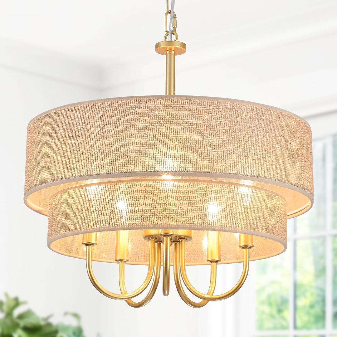 18'' Drum Chandelier for Dining Room Light Fixture 5-Light Modern Farmhouse Chandelier with Beige Linen Fabric Lampshade 2-Layer Large Drum Pendant Light Fixture for Kitchen Living Room Bedroom Gold