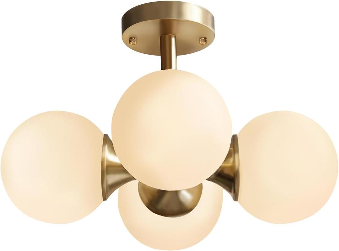 Modo Lighting Antique Brass 4-Light Ceiling Light Mid-Century Frosted Glass Globe Chandelier Modern Flush Mount Ceiling Light Fixtures for Bedroom Living Room