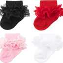 Baby Girls Socks Eyelet Ruffle Frilly Lace Summer Thin Dress Socks for Newborn Infant Toddler Kids (6-12 Months, 4 Pairs C: White, Pink, Black, Red)