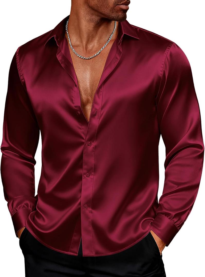 PJ PAUL JONES Men's Shiny Satin Dress Shirts Long Sleeve Button Down Silk Shirt with Bow Tie (Dark Red, M)