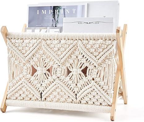 Mkono Macrame Magazine Rack Boho Storage Holder Standing Basket for Books, Newspapers, Swaddle Blanket, Dorm Essentials, Living Room, Bathroom, Office, Nursery, Home Decor, Medium Size, 14”L x 10”W