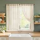 jinchan Small Window Curtains 35x36 Inch Length Linen Cafe Curtains for Kitchen Bathroom Bordered Floral Embroidered Short Drapes Rustic Farmhouse Light Filtering Curtain (Set of 1 Panels Ivory on Beige)