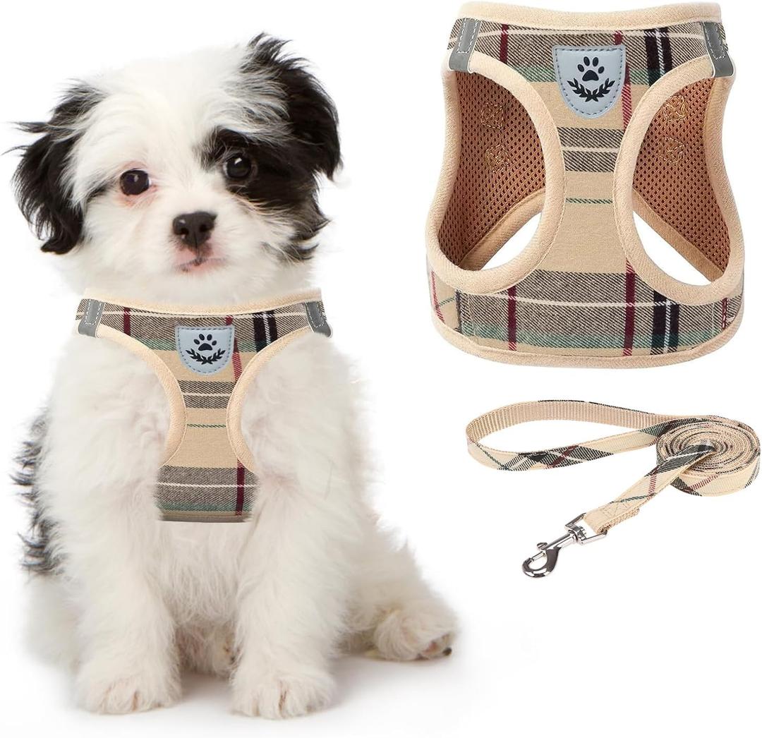 KOOLTAIL Dog Harness and Leash Set for Small Medium Dogs, Step in No Pull Soft Mesh Dog Harness Comfort Padded Pet Vest, Adjustable Reflective Easy Walking Puppy Cats Harnesses Training, Plaid Beige M (Medium (Pack of 1))