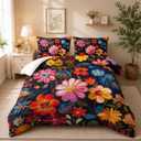 Colorful Flower Comforter Set Queen Size 3 PCS Bed in a Bag,Cute Floral Bedding Set for Girls Teens,Ultra Soft Microfiber Comforter Bed Set with 3-Pieces, Floral Bedroom Decor with Pillowcases