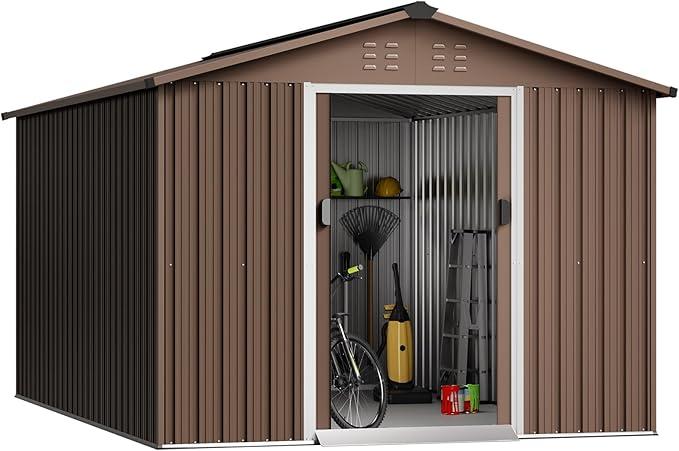 Acekool Outdoor Storage Shed 8x15 Ft & Large Storage Space, Utility Metal Storage Shed with Lockable Sliding Door and Vent, Garden Tool Shed for Organising Tools and Equipment in Yard, Garden, Brown