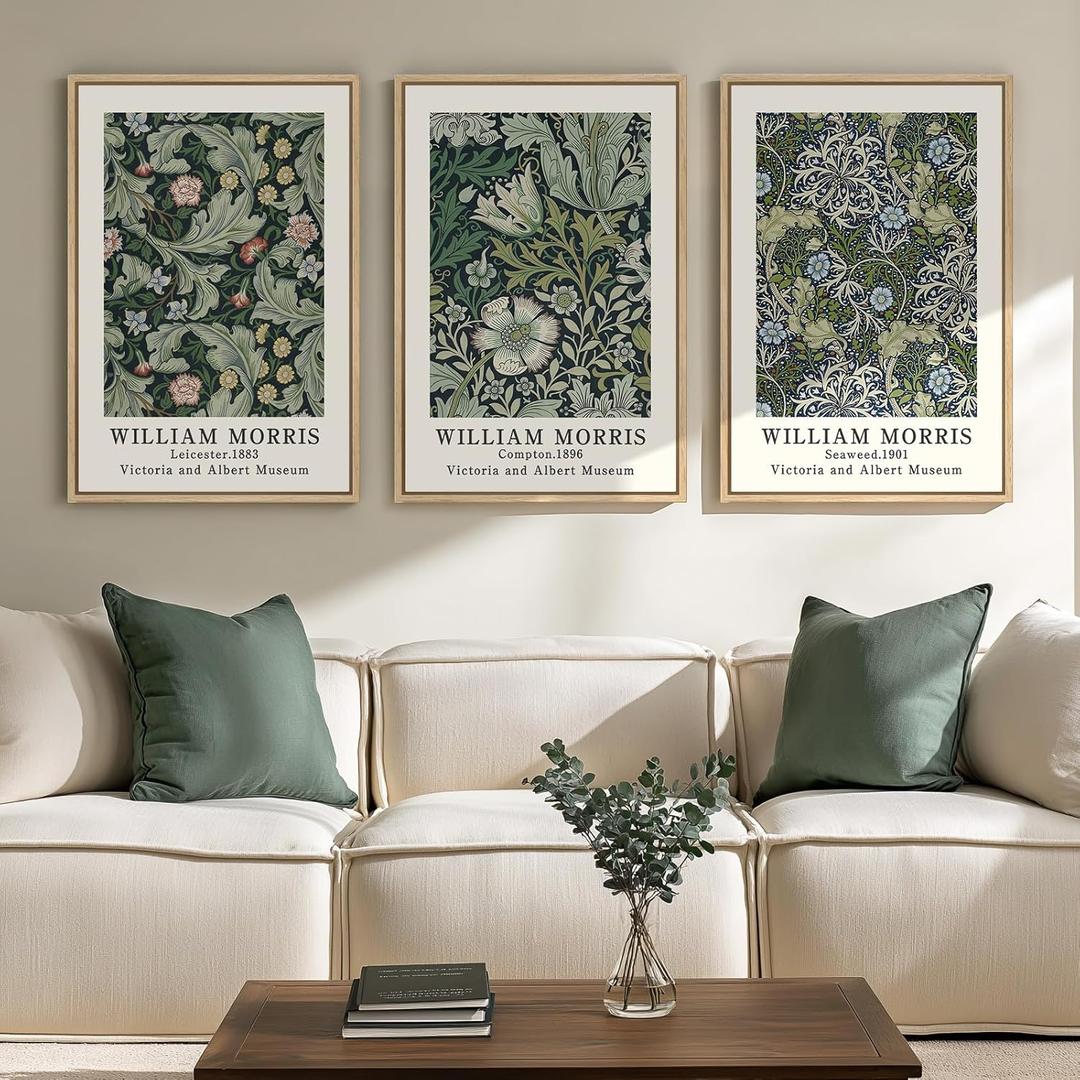 Framed William Morris Canvas Wall Art Green Decor Set of 3, Vintage Large Floral Artwork Prints, Boho Farmhouse Botanical Picture Prints for Living Room, Bedroom, Hallway, Office, Total Size 30x60