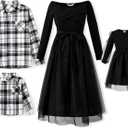 PATPAT Family Matching Outfits Set Mommy and Me Dresses Off Shoulder Midi Dress Dad and Boy Plaid Button Down Shirts (Black, XL)