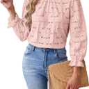 SOFIA'S CHOICE Women's Lace 3/4 Sleeve Shirts Crochet Eyelet Crew Neck Dressy Blouse Sheer Top (Pink, L)