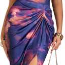WDIRARA Women's Tie Dye Sleeveless Bodycon Midi Dress Cowl Neck Ruched Split Cami Dresses (Purple) XS