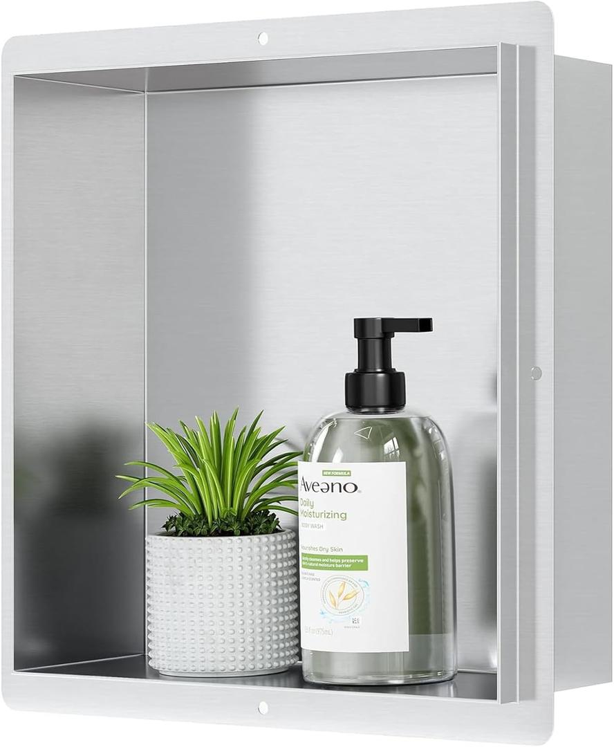 Neodrain Rimless Shower Niche Shelf 12"X12" Stainless Steel Bathroom Wall Niche Waterproof, Recessed Niches for Bathroom Storage, Stainless Wall Cabinet, Brushed