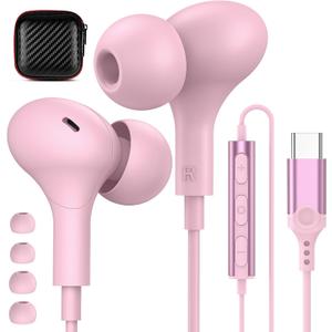 USB C Headphones for iPhone 17 16 15 Plus/Galaxy S26 S25 Wired Earbuds with Microphone for Samsung S24 S23 S22 S21 S20 Ultra, Magnetic Noise Canceling in-Ear Type C Earphone for iPad 10/Pixel 8a, Pink