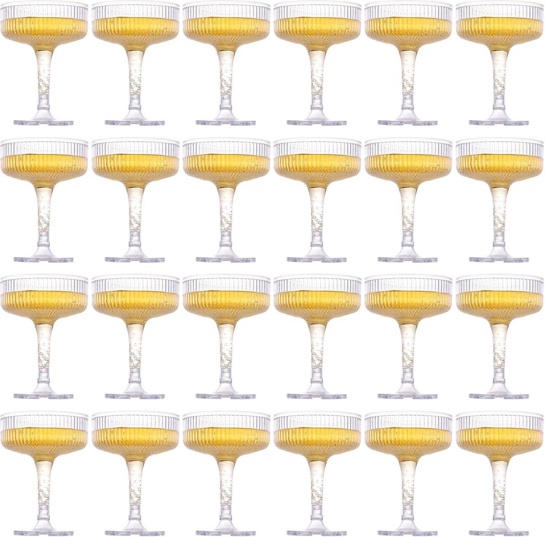24 Pcs Plastic Champagne Glasses 7 oz Champagne Tower Ribbed Martini Glasses Disposable Wine Cups Stackable Stemmed Cups for Wedding Birthday Party Bar (Clear)