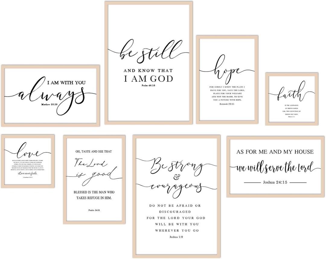 Faccito 8 Set Christian Wall Art Large Wooden Framed Farmhouse Bible Verses Home Decor Neutral Prayer Room Decor Minimalist Christian Scripture Wall Art for Home Office Living Room Bedroom Church