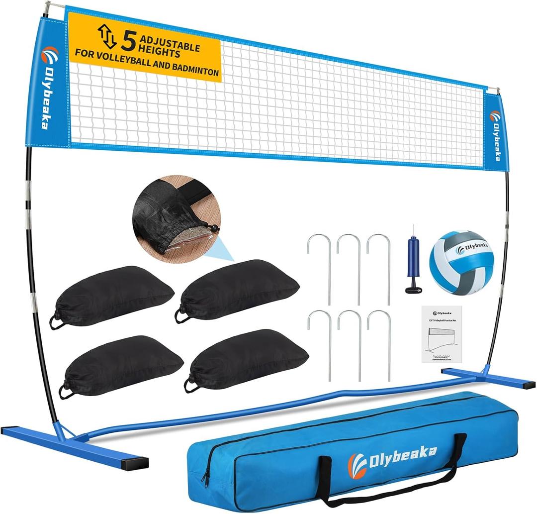 Portable Volleyball Net 5-Height Adjustable for Backyard with Widened Base, Tetoron Net, 6 Metal Stakes and 4 Sandbags, 12ft/14ft Volleyball Practice Training Equipment with Carry Bag (Blue)