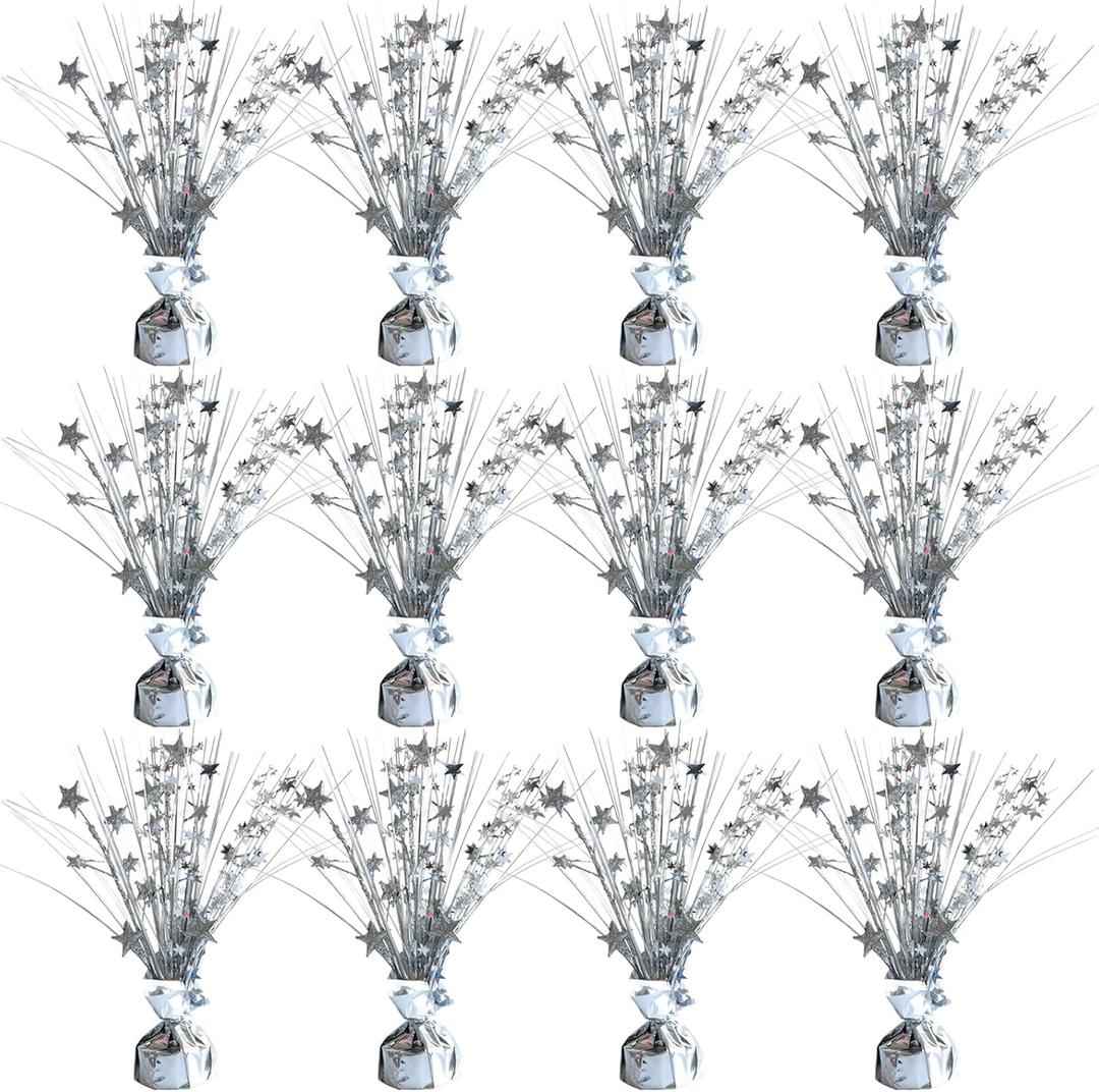12 Pack Metallic Sliver Foil Spray Centerpieces Stars Brust Table Centerpieces for Wedding Birthday Anniversary Holiday Party Decor, Metallic Star Balloon Wights for Party, Decor for Party