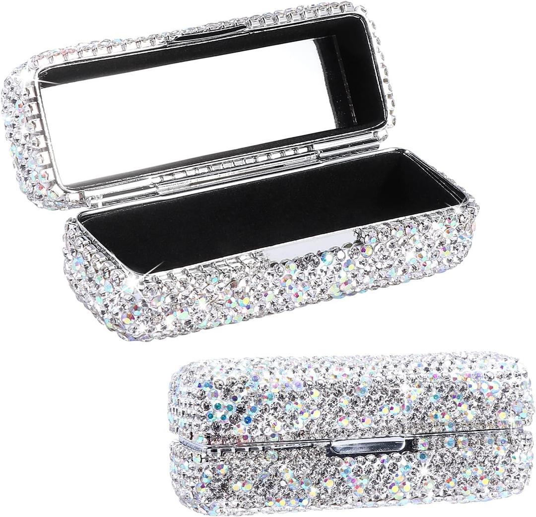 Rhinestone Lipstick Case with Mirror, Bling Crystal Lipstick Case Diamonds Makeup Cosmetic Storage Box Holder for Purse Ladies Fashion (Silver Color)