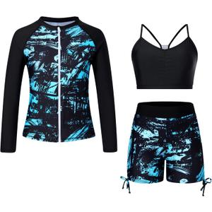 Funnycokid Girls Size 14 Swimsuit 13 Bathing Suits Kids Green Rash Guard Long Sleeve Swimwear with Shorts Bikini Zipper Swim