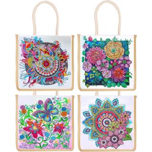 DOOSAI 4 Pack Mandala Flowers Butterfly Diamond Painting Dots Art Kits Canvas Tote Bags Boho 5D DIY Handbags Handmade Gifts Reusable Shopping Bags with Handles for Women Adults Work