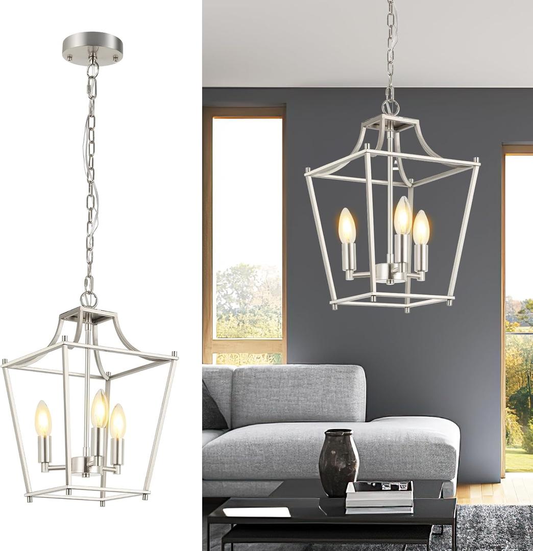 Lantern Pendant Light Brushed Nickel Pendant Light Fixtures 3-Light Lantern Light Fixture, 9.4" Adjustable Hanging Pendant Lighting for Dining Room Kitchen Foyer Bedroom