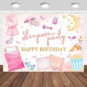 Sleepover Party Happy Birthday Backdrop Pajamas Slumber Party Decorations for Girls Pink Pillow Movie Night Photography Background Banner Photo Studio Props (7x5ft)