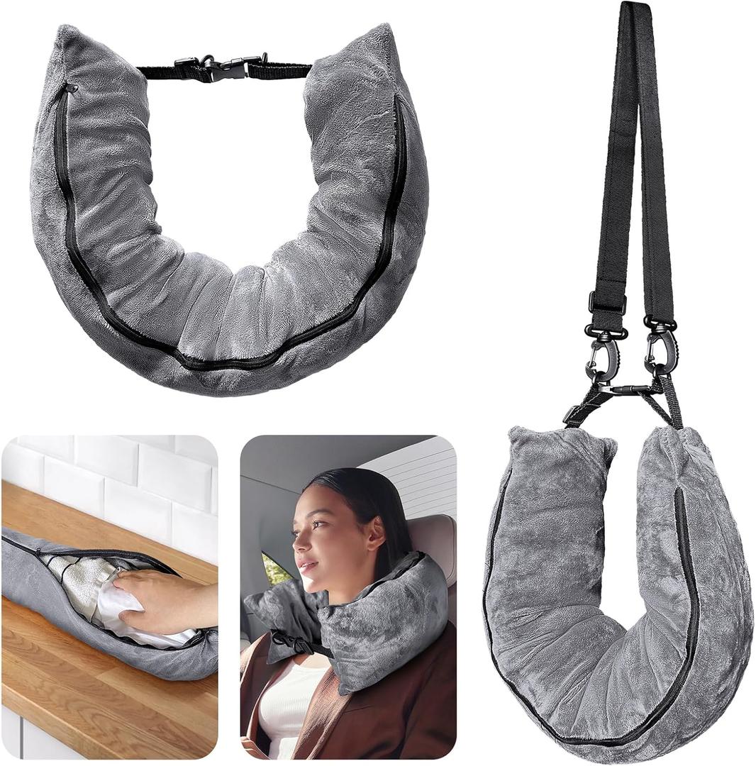Stuffable Travel Pillow for Extra Luggage, Velvet Travel Neck Pillow Storage Bag with Adjustable Neck Size, Fits About 6 T-Shirts Travel Essentials Multifunctional Sleeping Rest Cushion (1PACK)