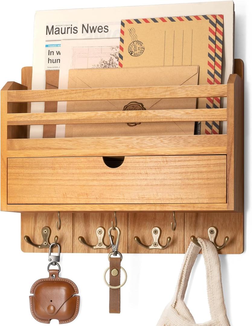 Rebee Vision Modern Farmhouse Mail Organizer with Drawer Organizer - Rustic Key and Mail Holder for Wall with 7 Key Hooks for Apartment Essentials - Aesthetic Home Decor (Light Brown)