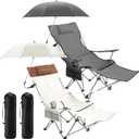 Yuntau 2 Set Reclining Beach Chairs with UPF 50+ Umbrellas, Upgraded Heavy Duty Portable Folding Lounge Camping Chair with Removable Footrest & Headrest for Outdoor Fishing Patio(Grey, White), 61.42 x 35.24 x 21.26 inches