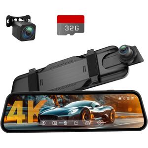 4K Rear View Mirror Camera, 10'' 4K Mirror Dash Cam with 1080P Backup Camera, Dash Cam Front and Rear for Car with Voice Control, 24H Parking Mode, Night Vision, 32GB SD Card Included (Black)