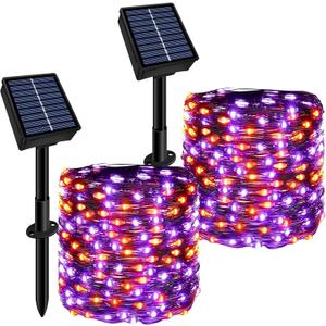Solar String Lights Outdoor Waterproof 2 Pack Total 66ft 200LED 8 Modes Twinkle Lights Solar Fairy Lights for Patio, Garden Yard Party Tree Christmas Halloween Decoration, Orange + Purple